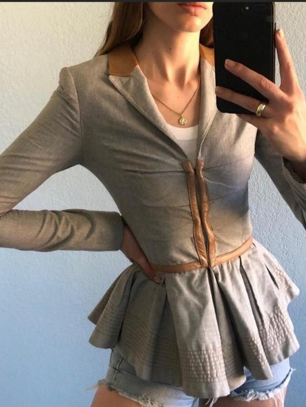 Badgley Mischka Gray Peplum Blazer with Tan Trim